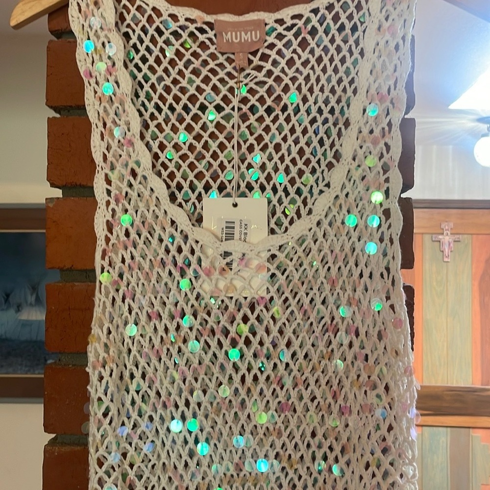 Show Me Your MuMu White Crochet Top with Iridescent Sequins
